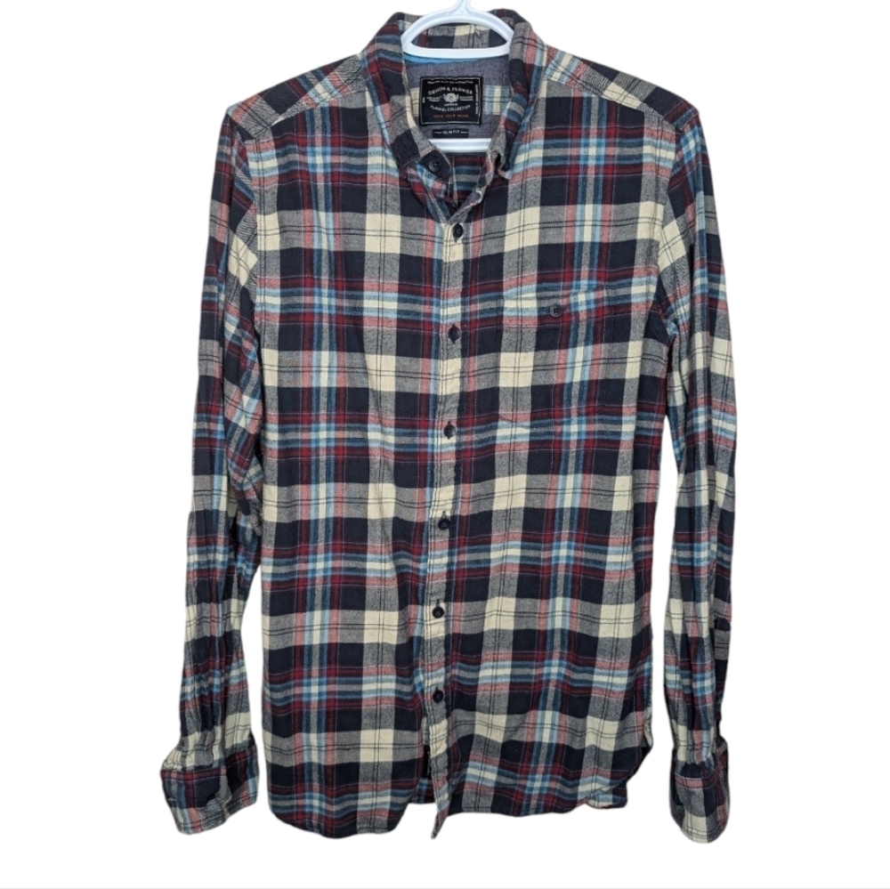 Denim & Flower Flannel Collection Plaid Button Down Blue Red White Mens Slim M